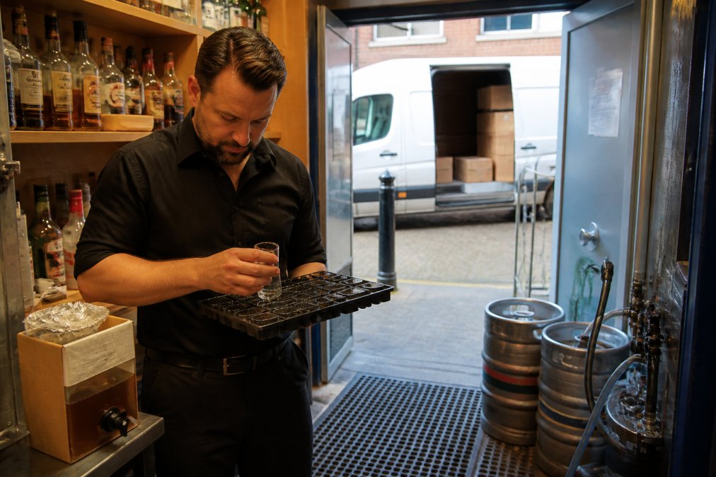 Bar manager checking inventory of spirit measures and syrup packs in a pub cellar