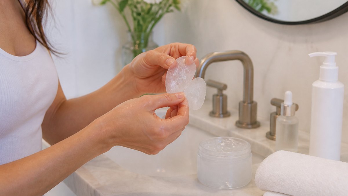Woman applying a cooling gel to her cheeks to reduce redness after microneedling in a bright bathroom.