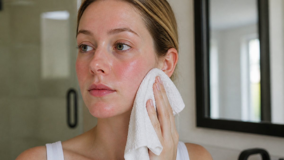 Close-up of a woman with mild pink skin gently applying a cool, damp cloth to her cheek in a calm, softly lit bathroom