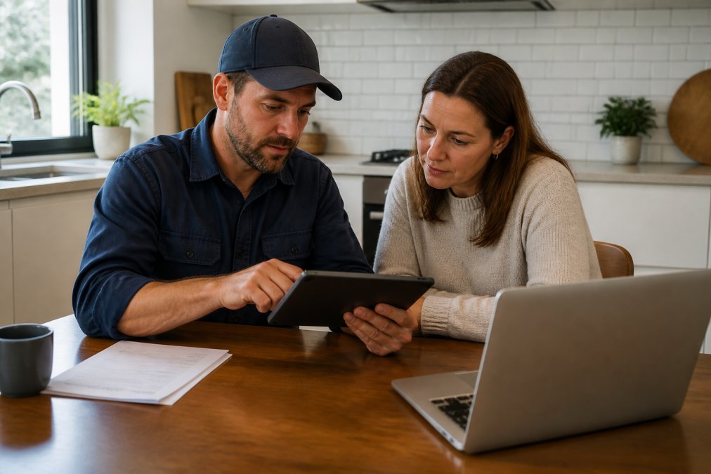 A homeowner and solar installer reviewing a quote on a tablet, one of 7 ways to reduce solar installation costs.