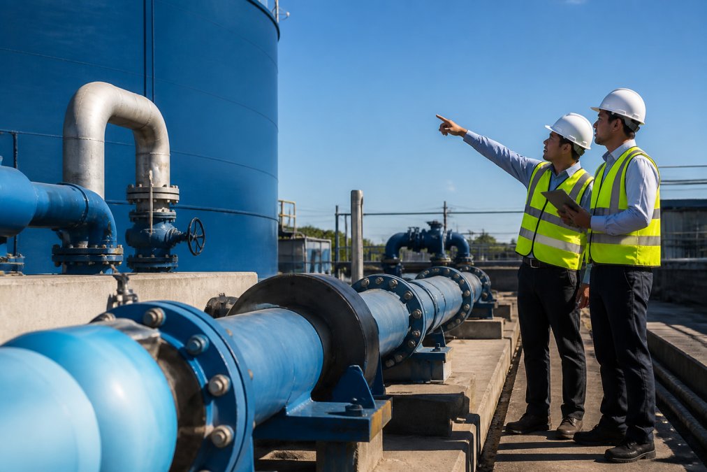 Industrial facility workers inspecting large water storage tanks and supply infrastructure with natural sunlight illuminating the storage area and pipeline systems