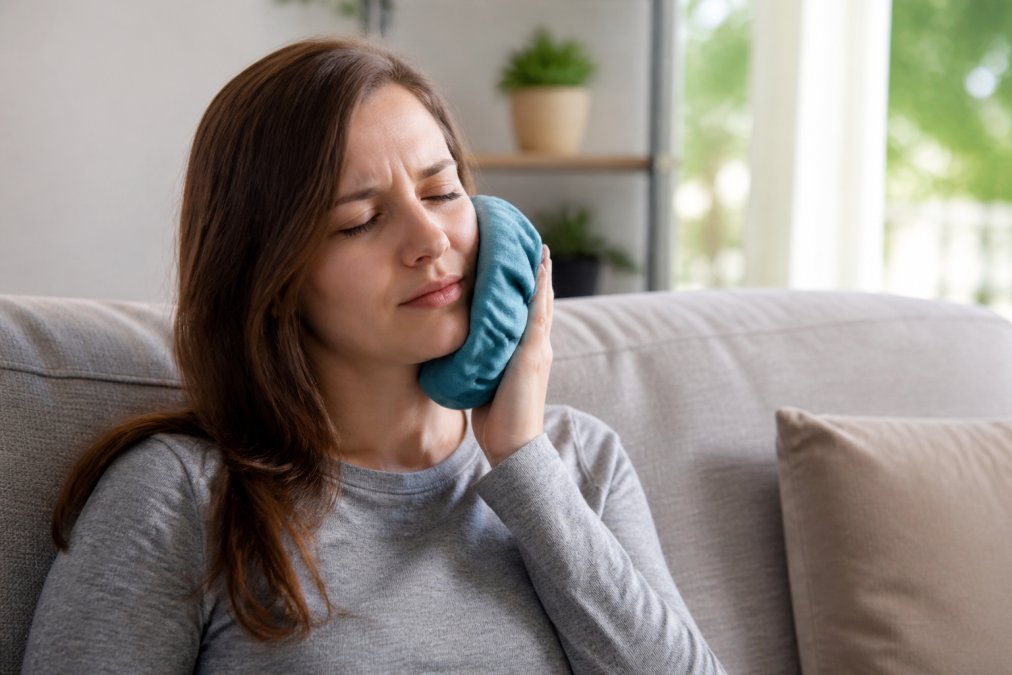 A person sitting comfortably on a couch at home, holding a wrapped ice pack against their cheek with a calm expression, soft natural light from a window