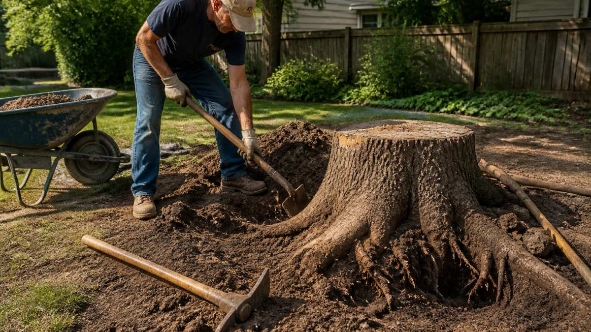 Homeowner using a shovel and mattock to dig around roots for oak stump removal in a backyard.