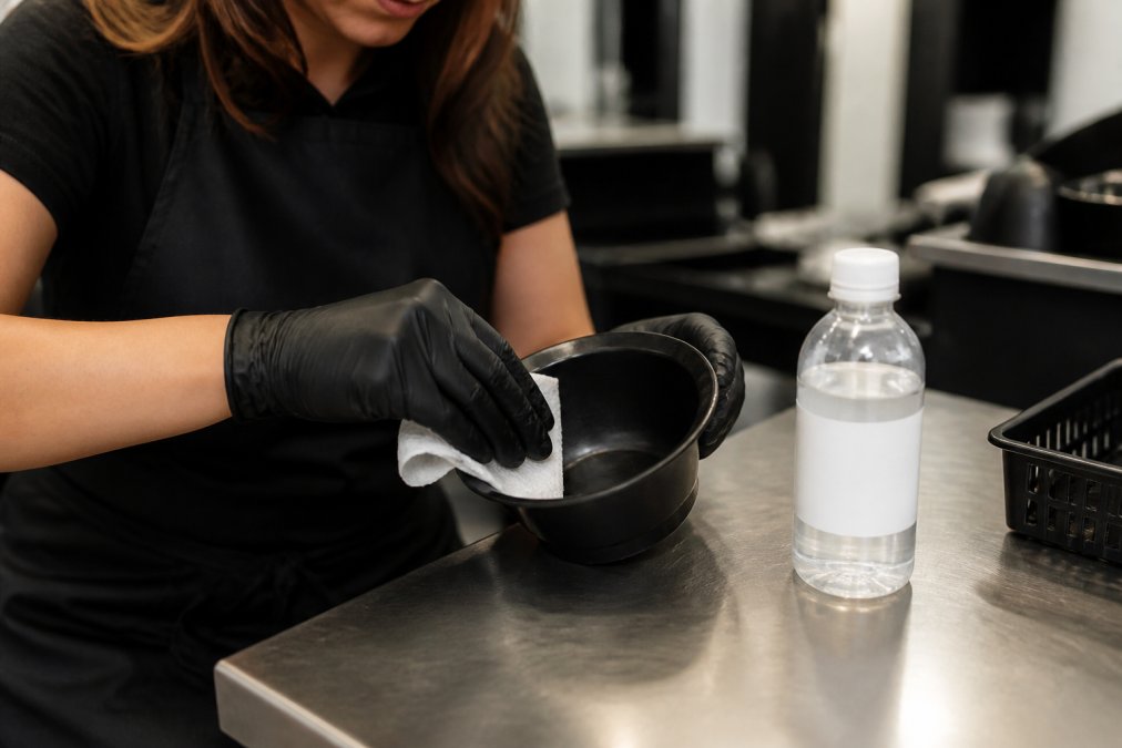 A professional hair colorist wearing gloves cleaning a black tint bowl with a white cloth and a bottle of rubbing alcohol on a stainless steel salon workstation