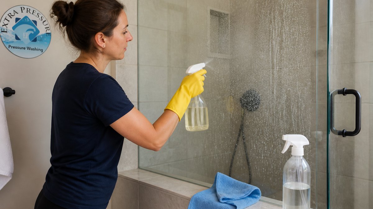 Person in yellow gloves spraying vinegar on glass to remove hard water stains from a shower door