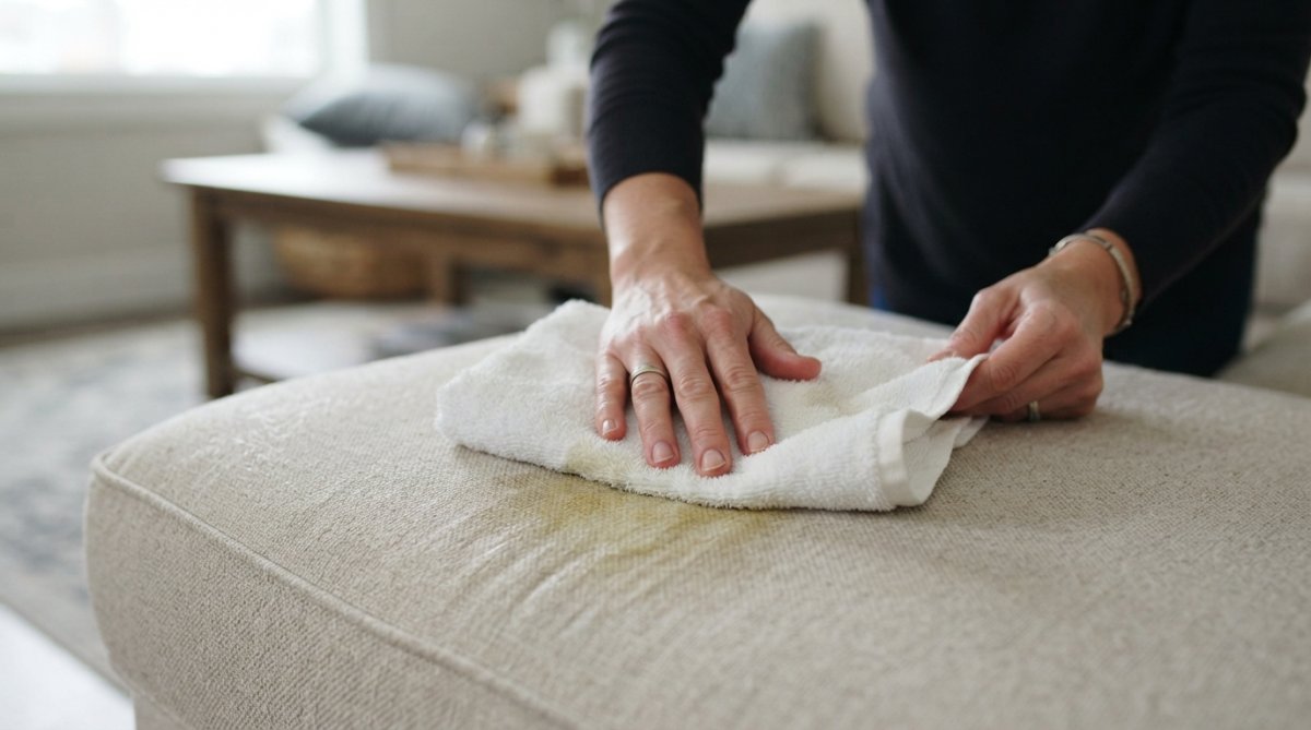 Close-up of hands using a white cloth to blot a fresh pet stain on light-colored upholstery, showing proper blotting technique with gentle pressure