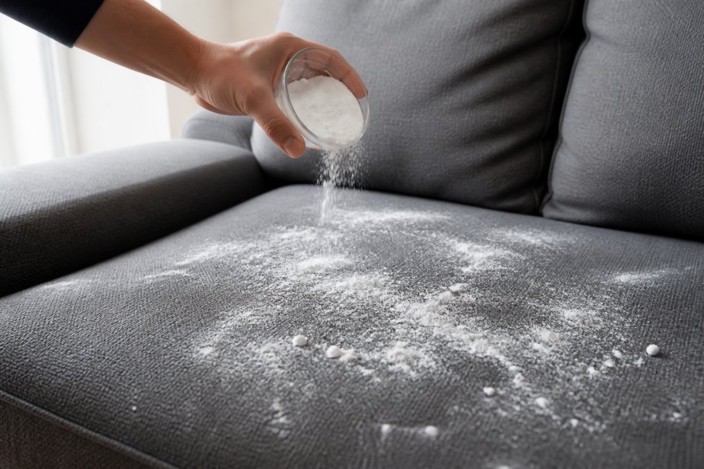 Close-up of baking soda being generously sprinkled onto an upholstered sofa cushion, with the fine white powder visible against the fabric texture in natural window light