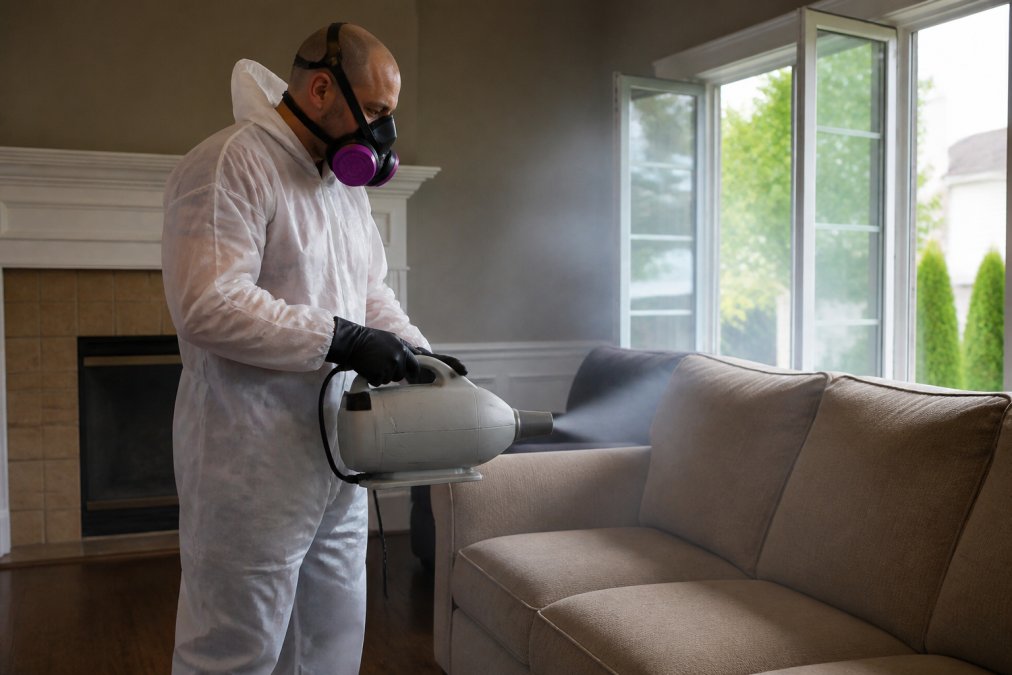 IICRC-certified restoration technician in protective gear using professional thermal fogging equipment to treat smoke-damaged upholstered furniture in a residential living room, with windows open for ventilation