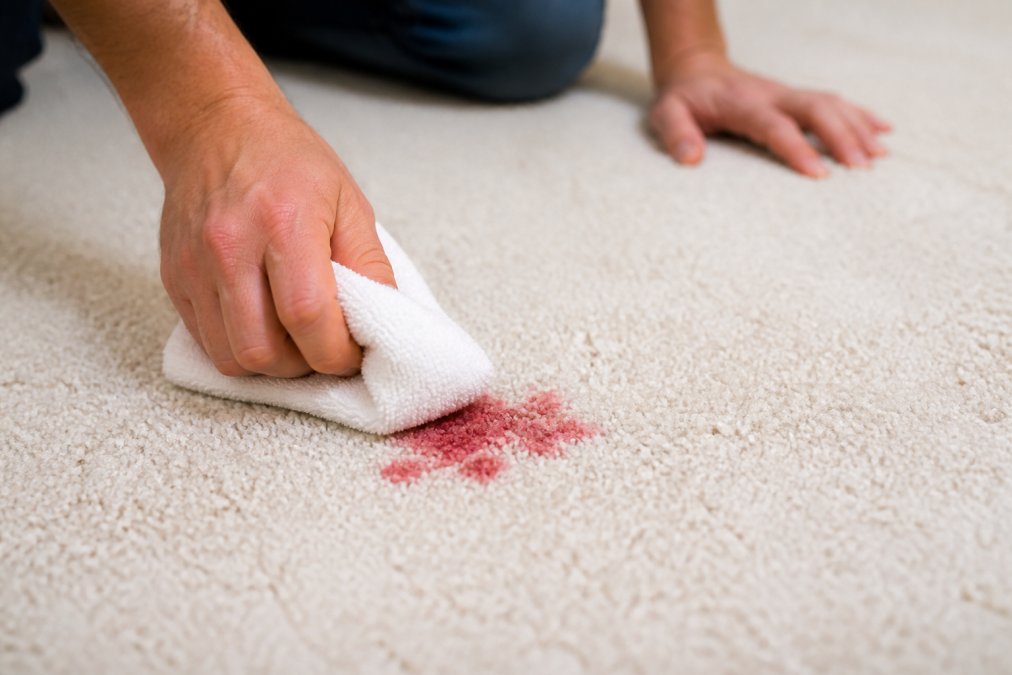 Hands using white cloth to blot a fresh red stain on light carpet, showing proper blotting technique without rubbing
