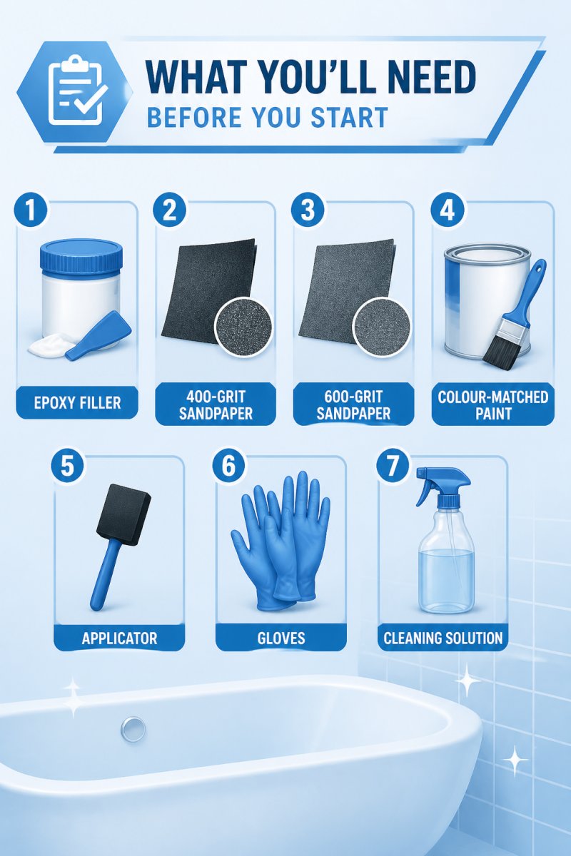 Checklist diagram showing 7 repair supplies: epoxy filler, 400-grit sandpaper, 600-grit sandpaper, colour-matched paint, applicator, gloves, cleaning solution