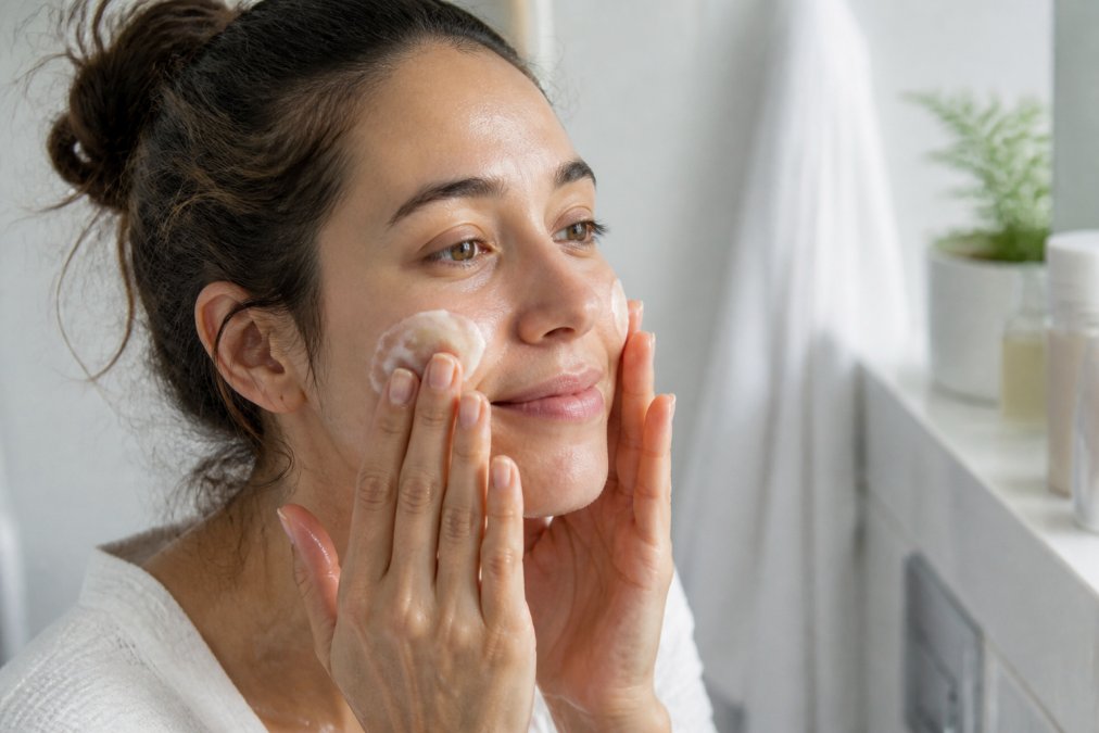 Close-up of a woman's hands applying a rich white face cream to her damp cheeks in a bright bathroom, soft morning light, skincare bottles blurred in the background