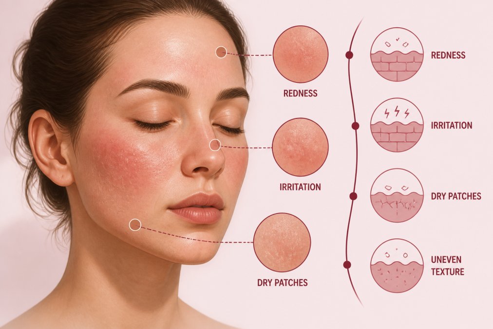 Close-up of a person's face showing visible redness, irritation, and dry patches on the cheeks and forehead under natural morning light, with uneven skin texture