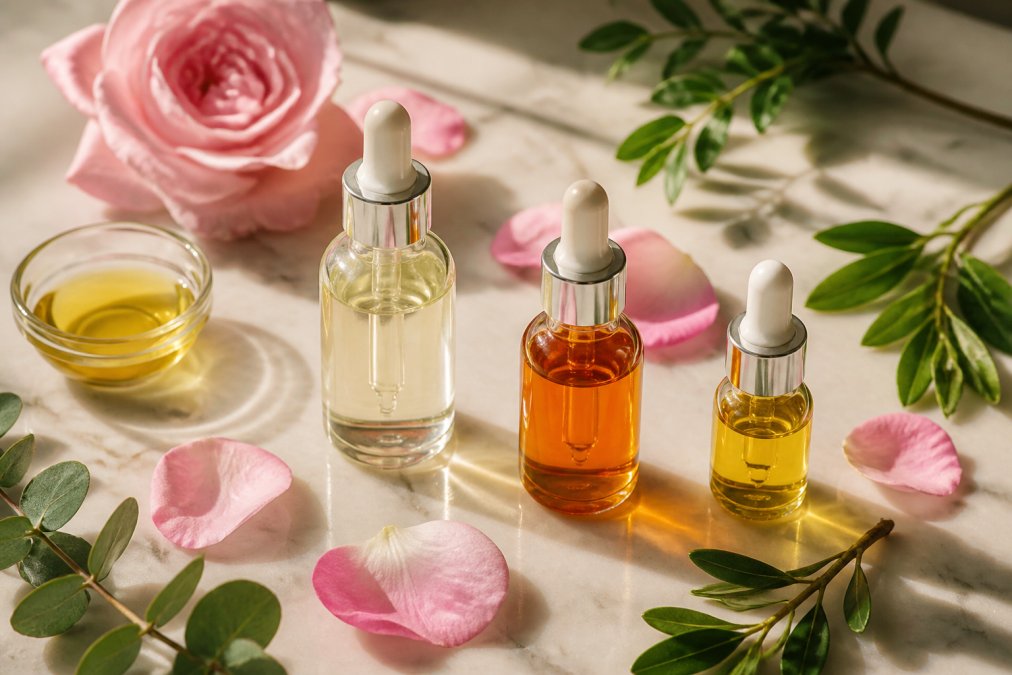 Flat-lay arrangement of natural oil bottles (squalane, rosehip, jojoba oil) with fresh rose petals and green botanical leaves arranged on a light marble surface with soft natural window lighting