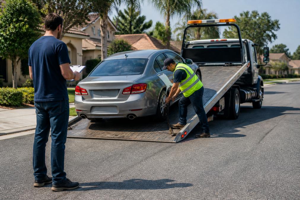 A tow truck driver in a reflective vest hooking up a silver sedan on a quiet residential street during daylight, while the vehicle owner stands a few feet away reviewing paperwork on a clipboard