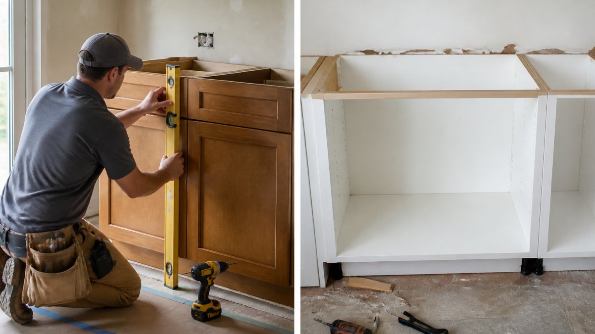 Professional installer using a level tool for precise kitchen cabinet installation in a home renovation.