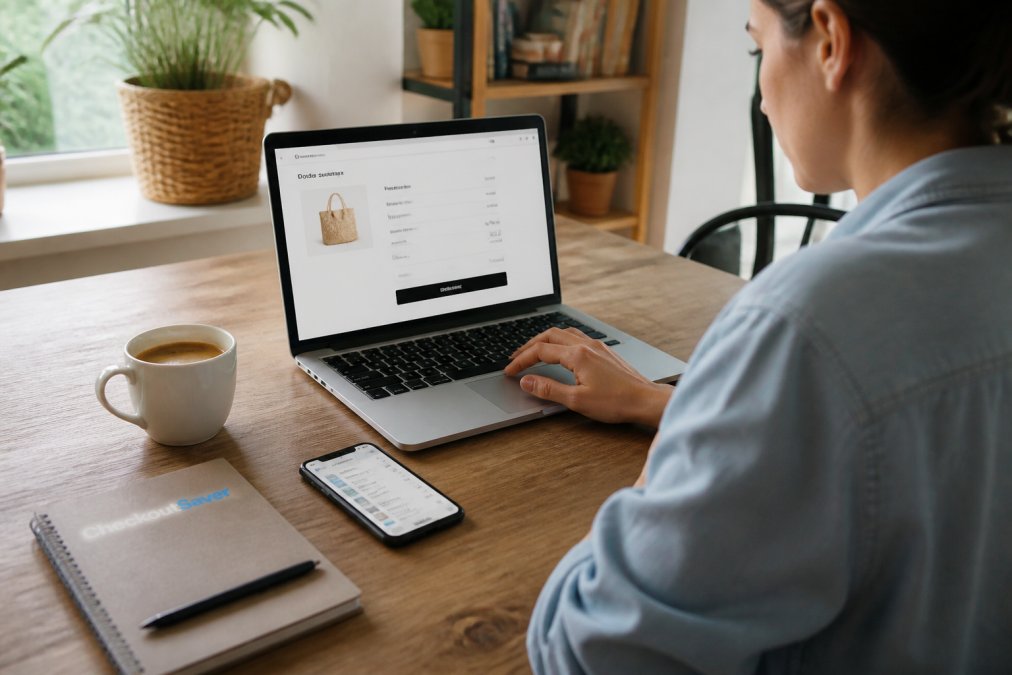 A person at a home desk with a laptop open to an online checkout page, smartphone nearby displaying a cashback app, coffee cup and notepad on the desk