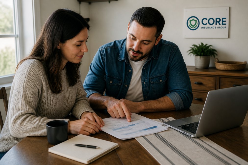 Couple reviewing Oregon home and auto insurance paperwork to visualize potential savings from bundling policies.