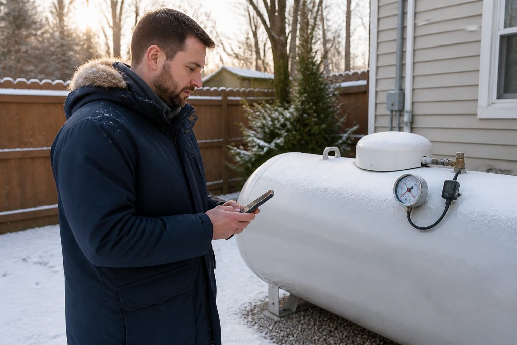 A homeowner in a winter coat checking a smartphone app while standing beside a residential propane tank in a snow-dusted backyard, tank gauge and monitor visible in daylight