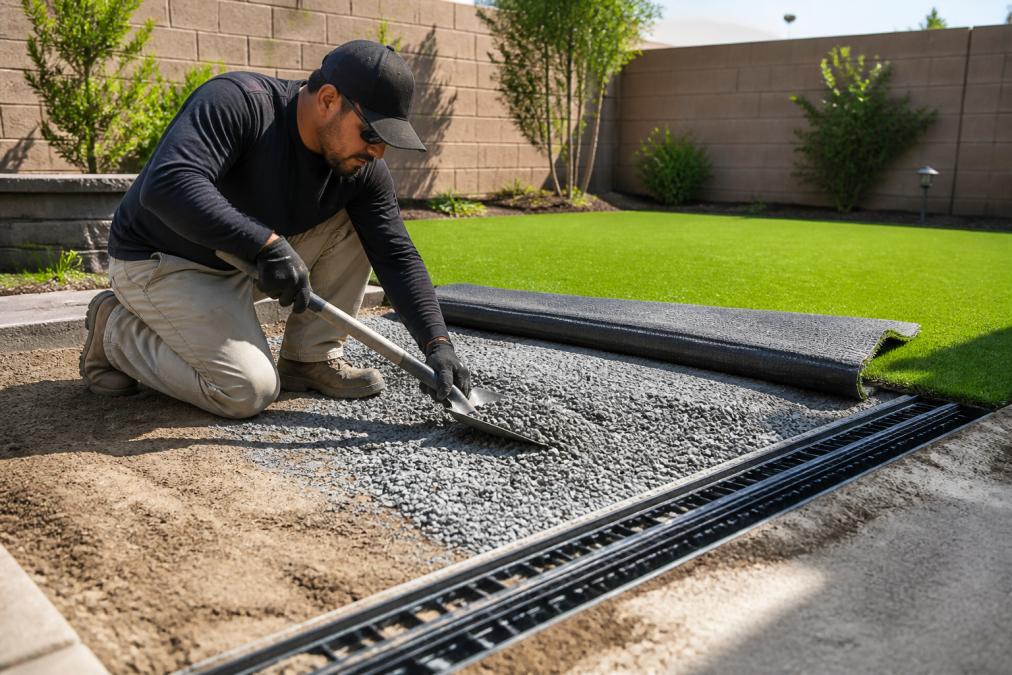 Landscaper installing a gravel base for permeable artificial turf to help save water and aid drainage
