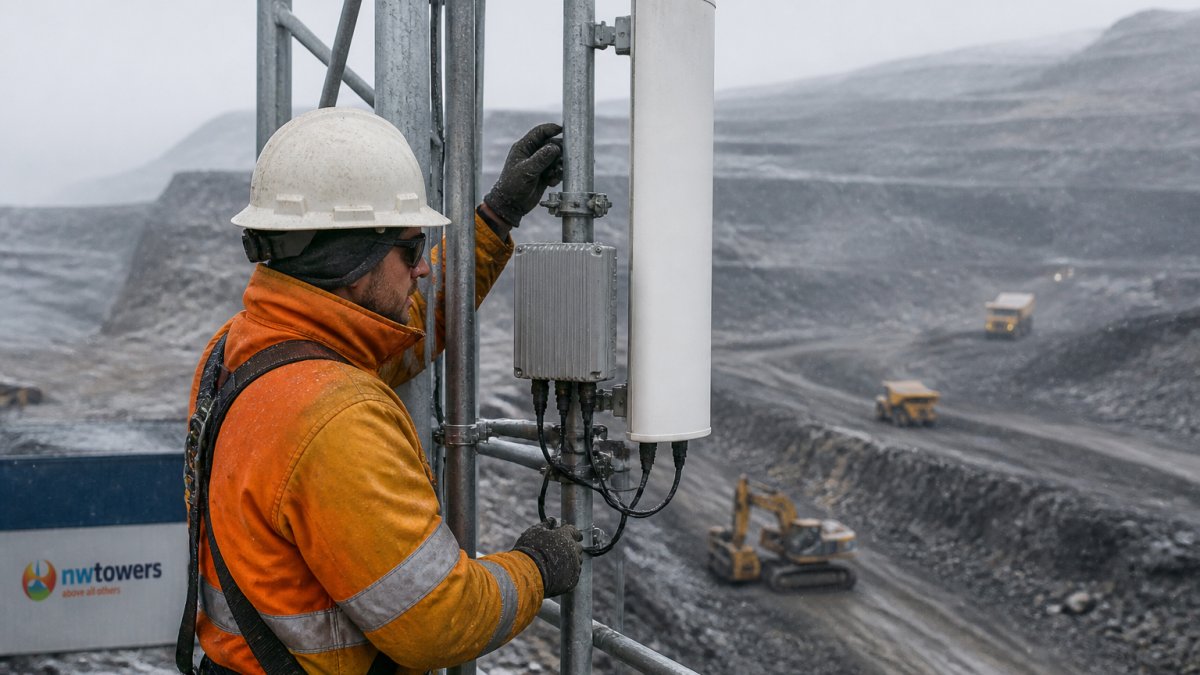 A rugged outdoor wireless antenna and mesh radio unit mounted on a steel tower at an industrial mining site, with dust and extreme weather conditions visible
