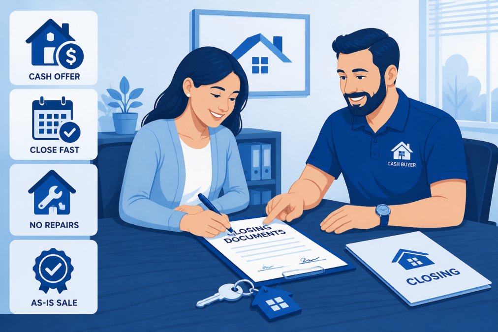 Homeowner signing closing documents at a desk with a cash buyer representative, both smiling, with a house key and closing papers visible on the table in professional office lighting