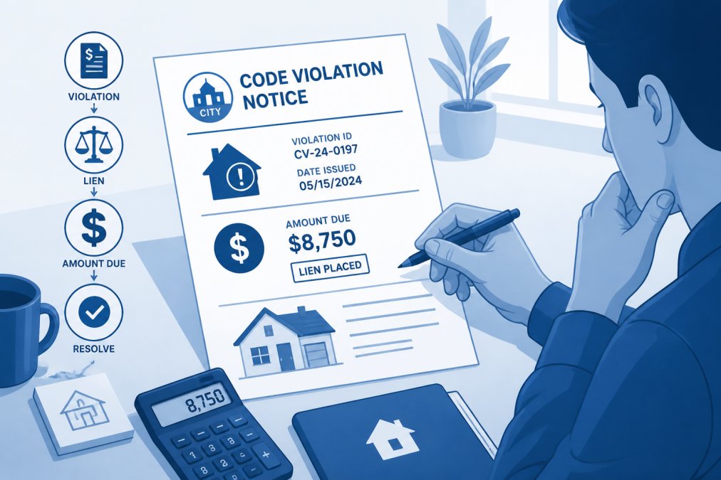 Close-up of official city code violation notice on a table with a homeowner reviewing it, pen in hand, showing focused concern, with natural office lighting