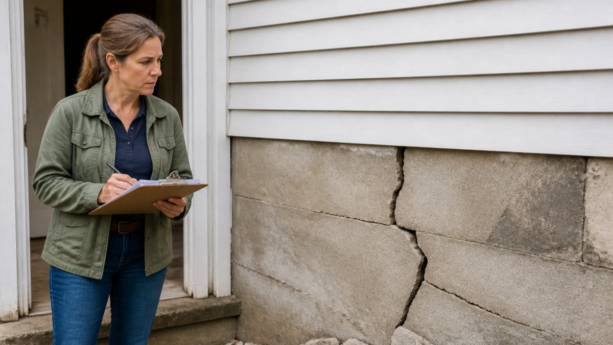 Homeowner holding inspection notes by a foundation wall with structural damage