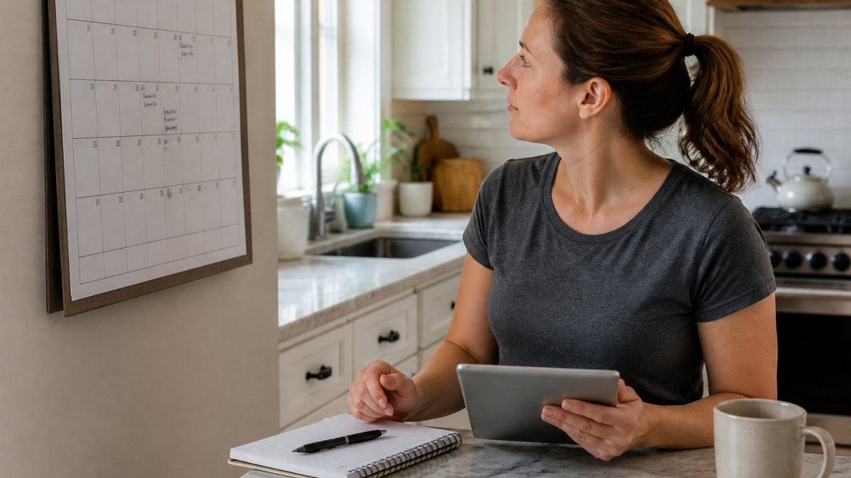 A homeowner in a bright kitchen reviewing a wall calendar and a tablet showing scheduled maintenance tasks, with a notebook and coffee on the counter