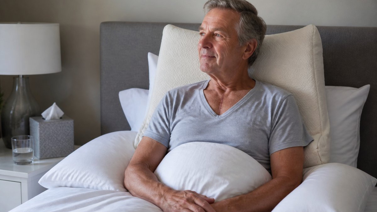 A person recovering from heart surgery sitting up in bed with a supportive pillow arrangement, looking calm and comfortable in a softly lit bedroom