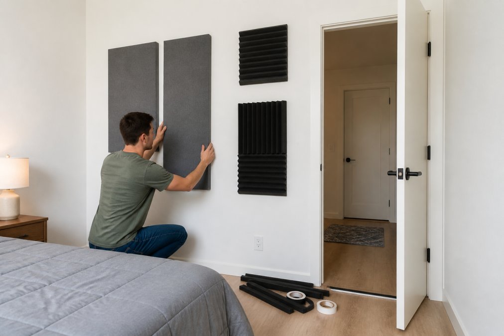 Person installing acoustic panels and door seals in a modern apartment bedroom, showing renter-friendly soundproofing materials on the wall and floor