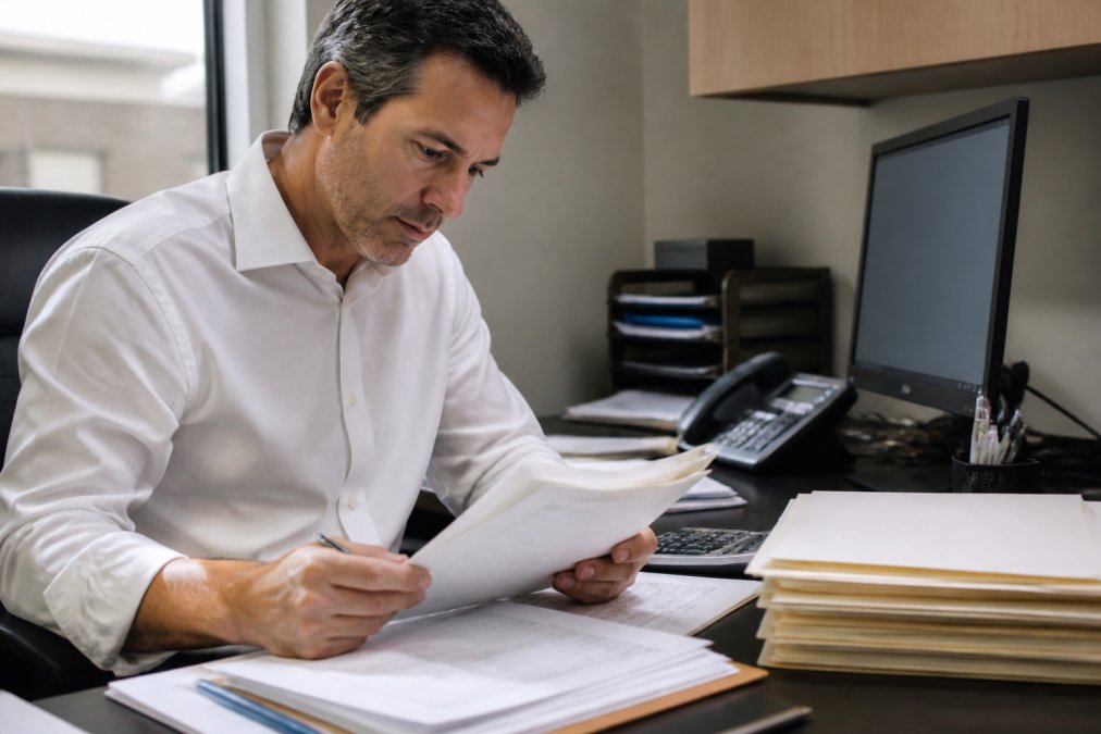 Loan officer reviewing financial documents at desk with computer screen displaying automated data extraction interface, papers organized in folders nearby, natural office lighting