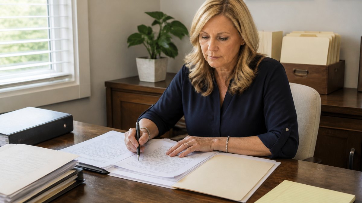 Professional sitting at a wooden desk with estate documents, a probate checklist, and a pen, organizing papers in a well-lit home office with filing folders and a notebook