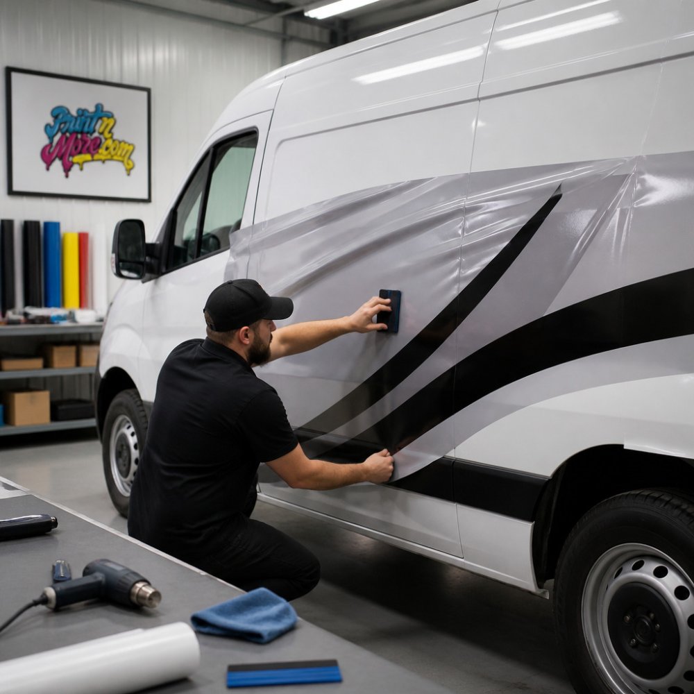 Technician carefully smoothing vinyl vehicle wraps onto the side panel of a white work van in a clean shop bay