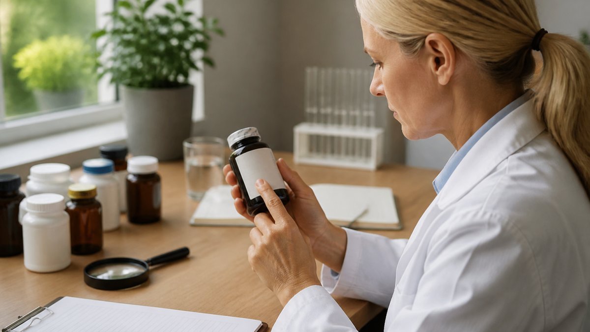 Person examining a vitamin bottle label under bright light to check for printing quality and seal integrity