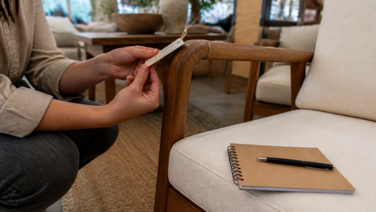 A person's hands turning over a furniture swing tag in a softly lit showroom, with a notebook and pen resting on a nearby chair seat