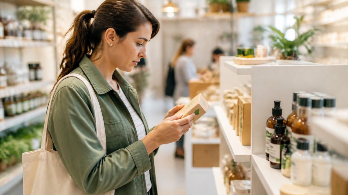 Shopper examining a small green leaf label on a product package in a retail store with a reusable tote bag.