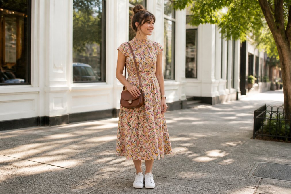 Infographic visualizing a 3-step process for styling vintage floral dresses with modern sneakers and bags.