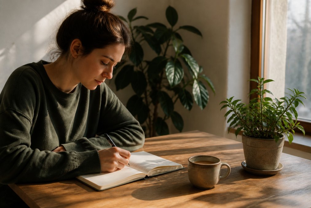Person writing in a notebook at a sunlit desk to stop overthinking and clear their mind of racing thoughts.
