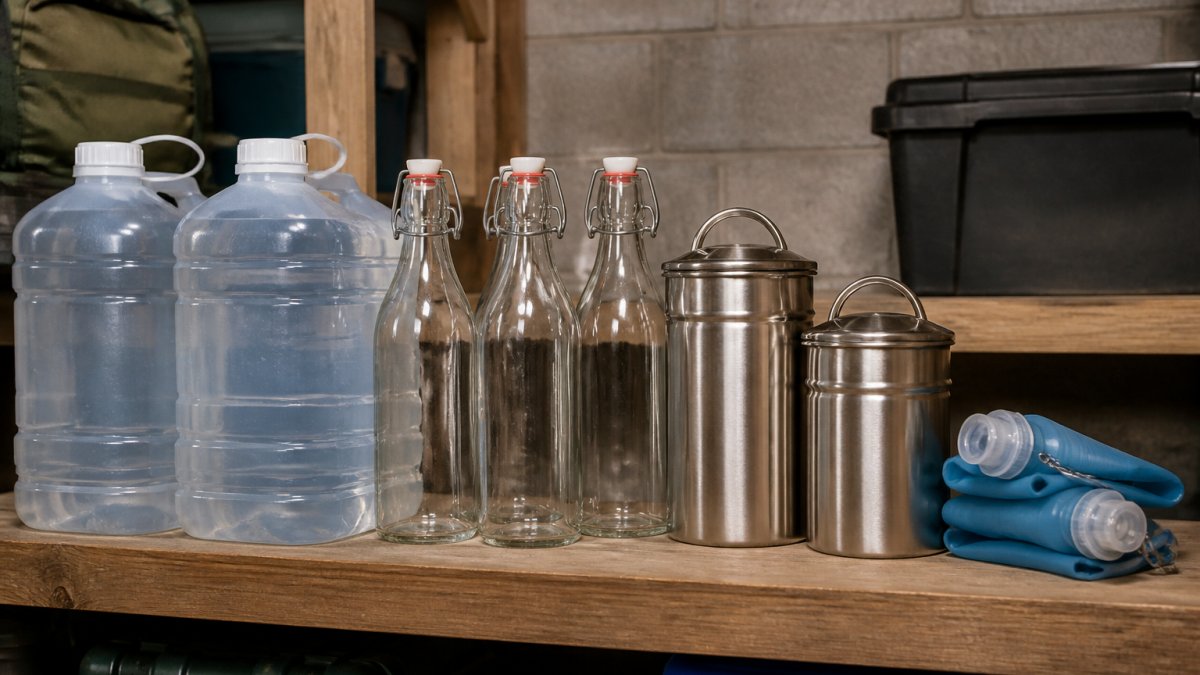 Variety of water storage containers including plastic jugs and glass bottles arranged on a basement shelf