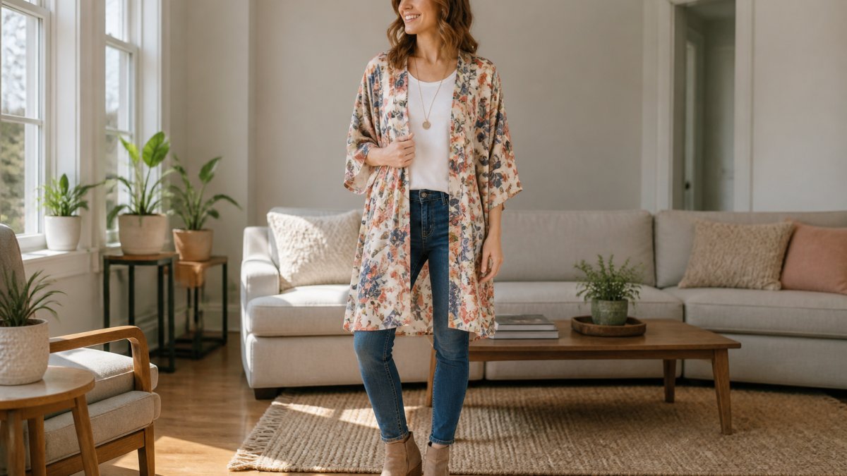 A woman in her thirties wearing a lightweight floral kimono cardigan over a plain white tee and slim jeans, standing in a sunlit living room, styling the open-front layer with a simple necklace and ankle boots
