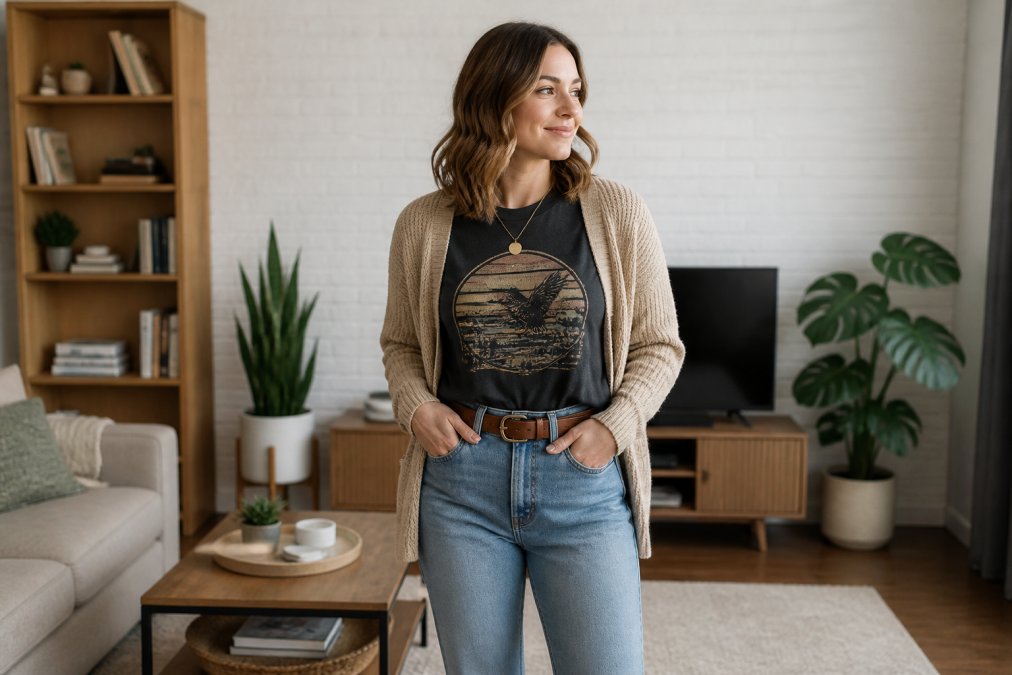 Person wearing a fitted graphic tee tucked into high-waisted jeans with a leather belt, styled with a lightweight cardigan and sneakers in a bright, modern interior setting