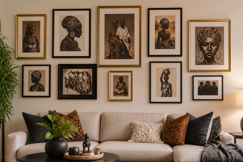 A well-lit living room wall featuring a curated gallery wall of framed Black heritage art in varying sizes, with a mix of gold and black frames, styled above a neutral sofa with textured throw pillows