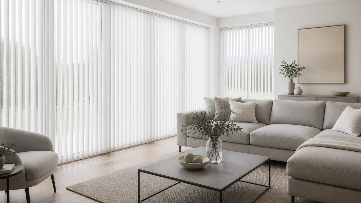Modern living room with floor-to-ceiling white vertical blinds filtering soft natural light through large windows, minimalist furniture in greys and whites, clean architectural lines and natural wood flooring
