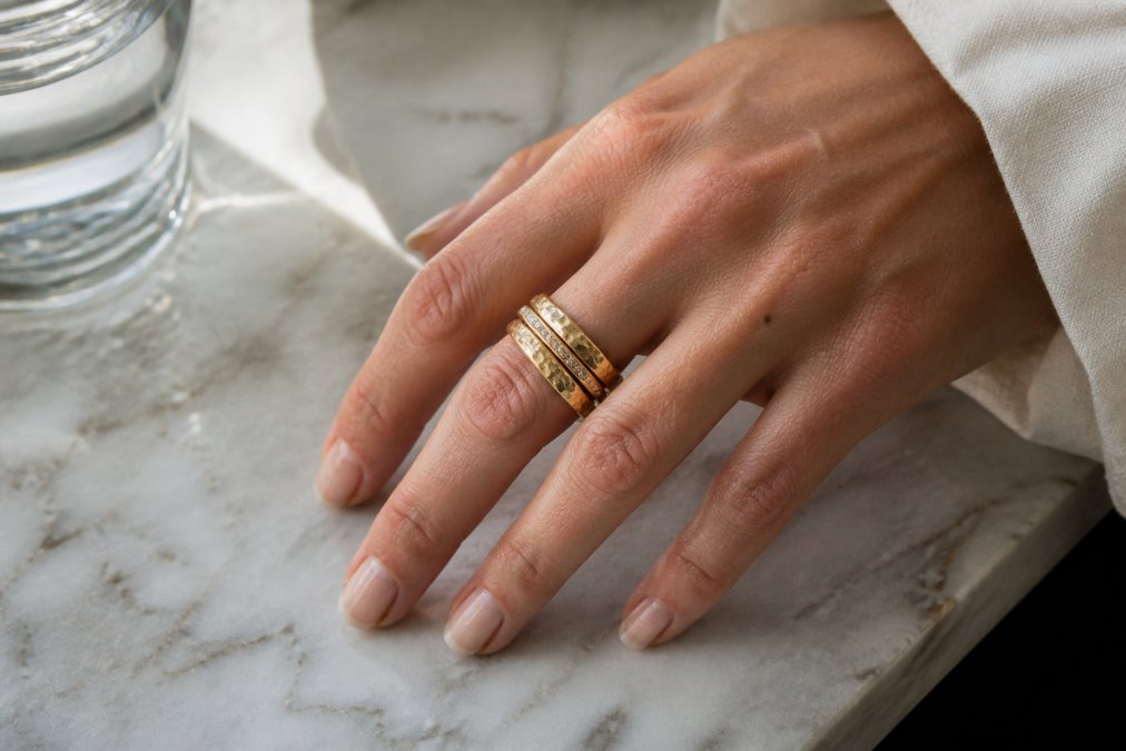 Close-up of a woman's hand resting on a marble surface, wearing three stacked gold rings of different textures and widths, soft natural window light, editorial jewellery photography