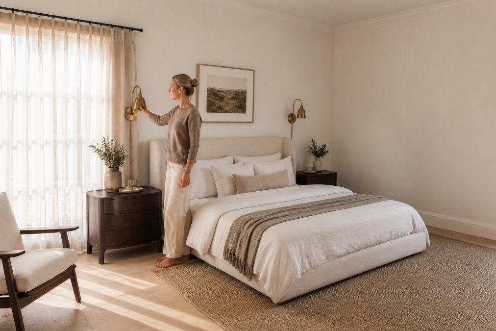 A styled bedroom with a pair of brass wall sconces mounted either side of a low bed, a person standing beside the bed to indicate the correct installation height, soft morning light through sheer curtains