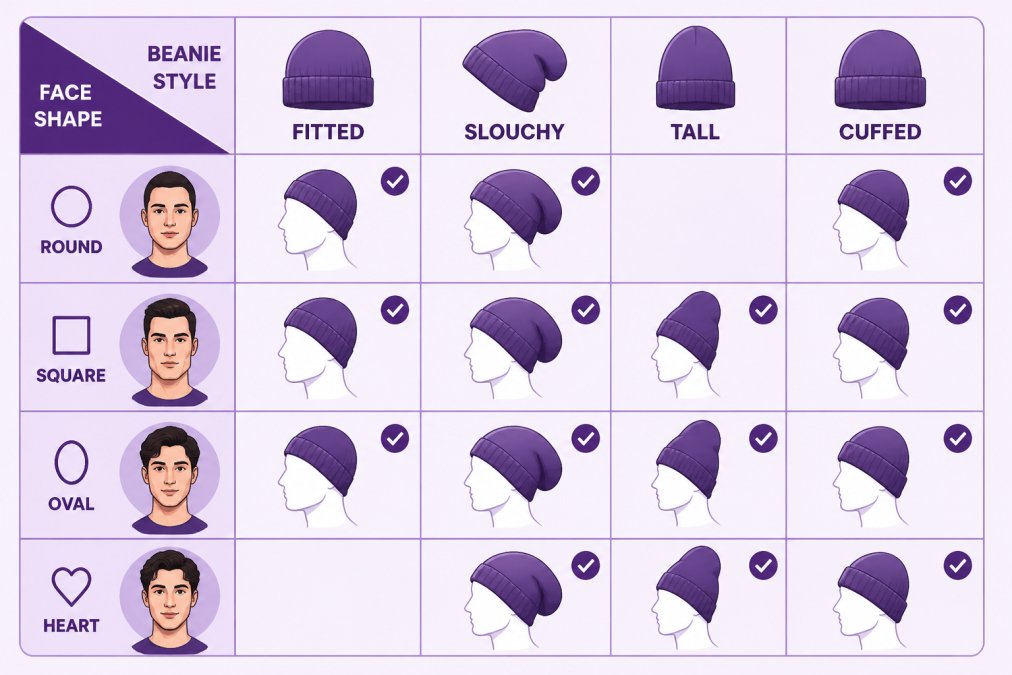 Infographic chart matching face shapes to recommended beanie styles like fitted, slouchy, tall, and cuffed designs.