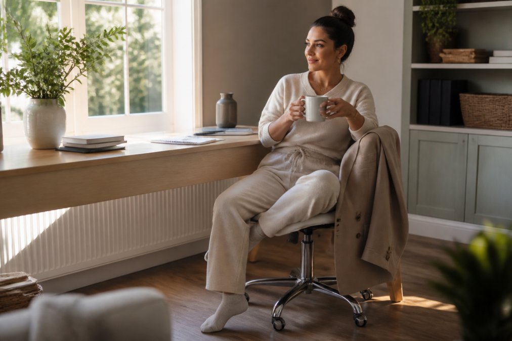 A woman working from a bright home office wearing a coordinated neutral loungewear set with a structured blazer draped over her chair, looking confident and comfortable