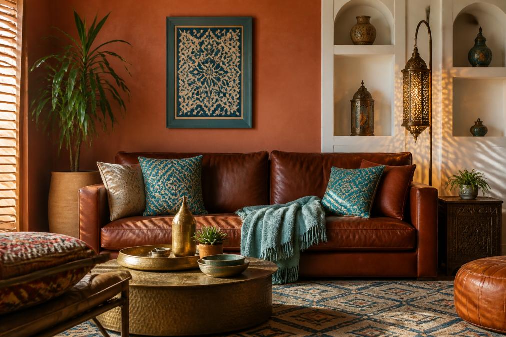 Modern living room with warm terracotta and earth-tone accent wall, featuring a leather Moroccan couch, layered textiles in blues and teals, brass lantern-style floor lamp casting warm shadows on minimalist white built-in shelving, natural light filtering through shutters