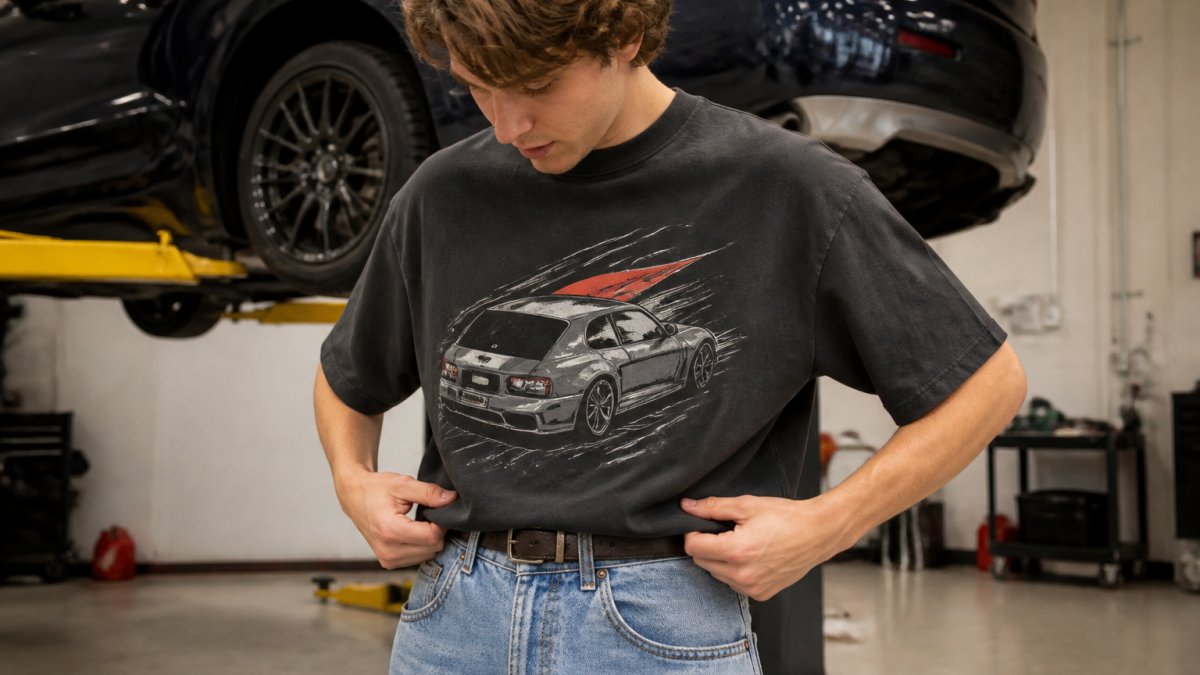 A young man in an oversized graphic car tee doing a front tuck into relaxed jeans, shot from the waist up in a garage with a car on a lift behind him