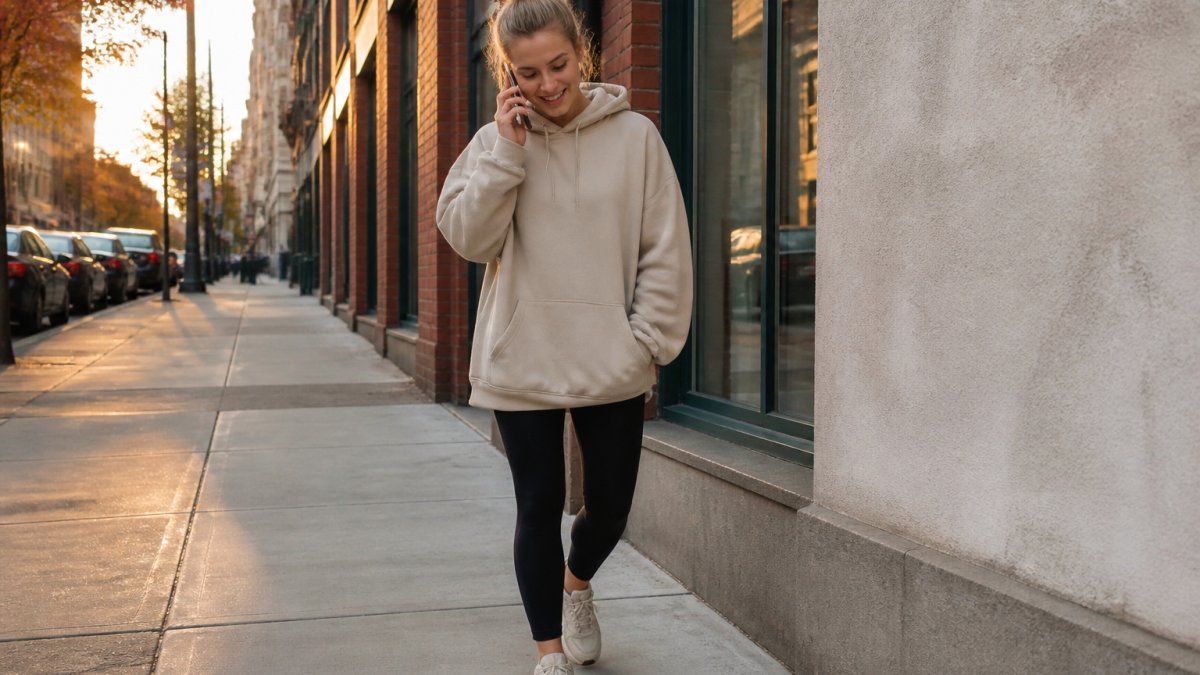 Young woman wearing an oversized Christian hoodie with leggings and chunky sneakers, standing outdoors on a city sidewalk in casual daylight